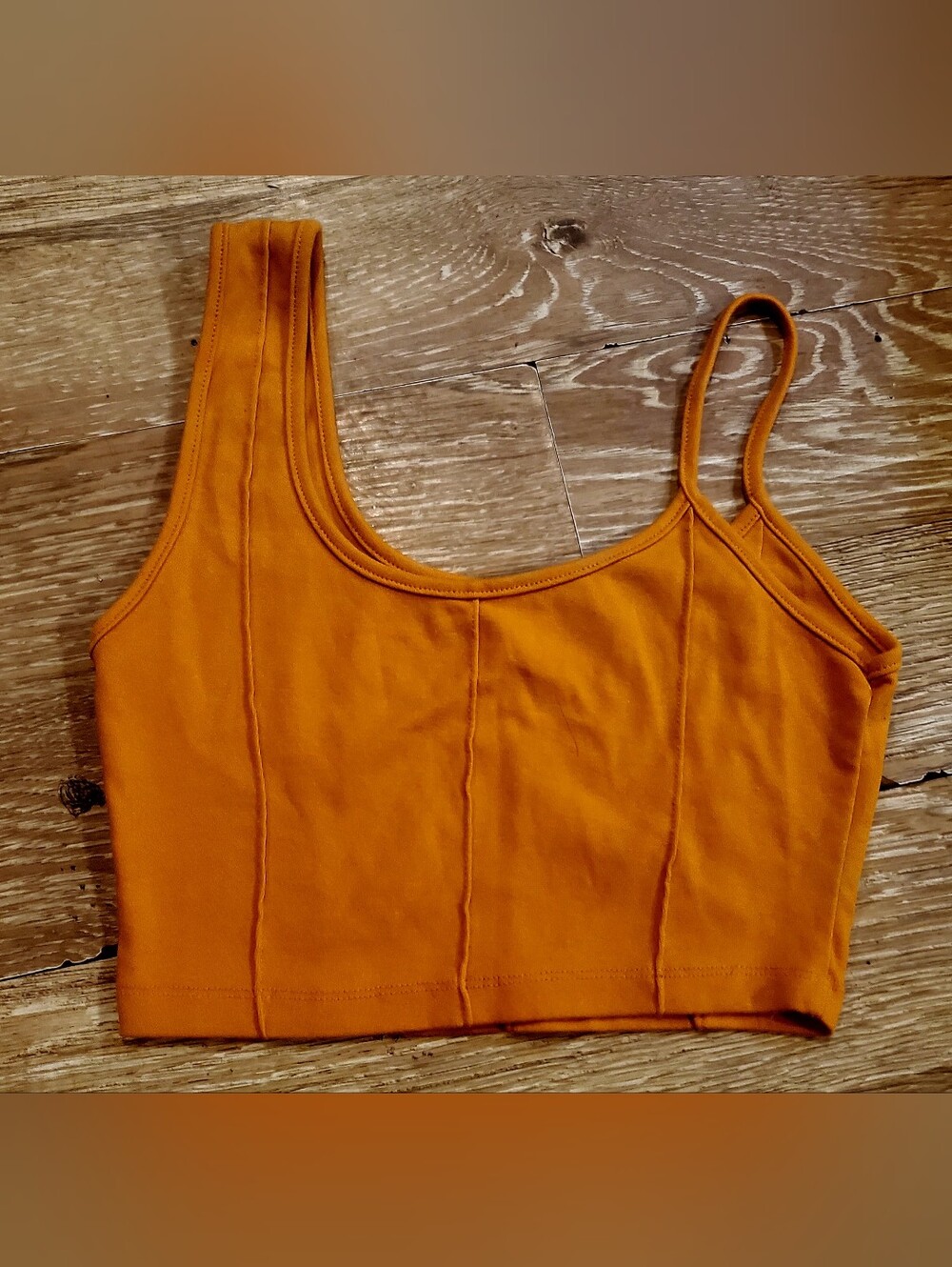 Women's Orange Cropped w. Assymetrical Straps & Exposed Stitching Tank Top